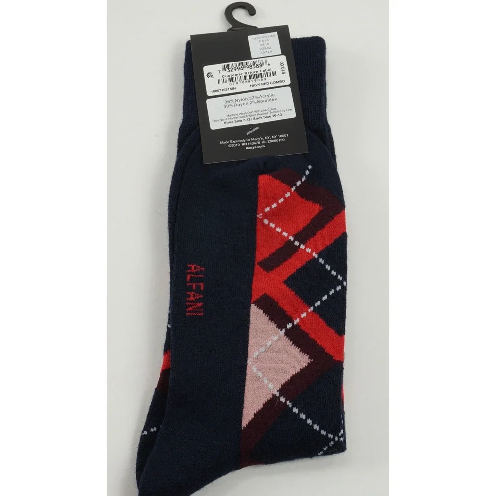 1 Pair of New‎ Alfani Men's 7-12 Blue Red Argyle Seamless Antimicrobial Socks